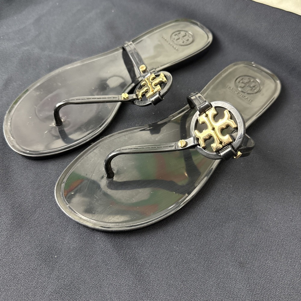 Tory Burch Sandals Shoes Womens Size 7M Black Jelly Thong Logo Slip On Flat